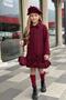 Girls' Collar with Stone and Clover Detail Snap-Button Burgundy Melton Coat