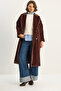 Women's Brown Bearded Soft Textured Double Breasted Collar Lined Belted Coat with Pocket Detail 7021 60283753