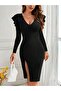 Women's Long Sleeve V-Neck Side Slit Midi Imported Crepe Dress - 3