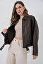Women's Belt Detailed Leather Jacket 1056 - Brown - 3