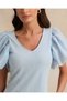 Women Blue Solid Puff Short Sleeve Top - 4