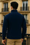 Men's Winter Basic Zippered Pocket Navy Blue Fleece Cardigan - 5