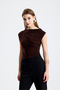 Sandy Fabric Sleeveless Blouse with Cross-Gathering Detail - 6