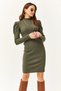 Women's Khaki Half Fisherman Sleeve Detailed Fleece-Lined Mini Dress Elb-19002564 - 2