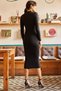 Women's Black Stretch Fabric Fleece-Lined Long Corded Fabric Dress Elb-19002556 - 4