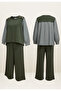 Maribel Double Hijab Set – Green with Striped Shirt Detail - 8