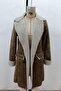 Fur Detailed Buttoned Suede Coat - Brown - 4