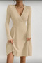 Beige Double-Breasted Ribbed Knitted Dress with Collar and Long Sleeves - 2