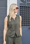 Women's Suede Textured Fabric Wide Crew Neck Flato Pocket Vest-Khaki - 3