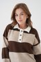 Women's Brown Polo Neck Striped Oversized Soft Textured Knitwear Sweater - 4