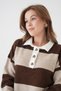 Women's Brown Polo Neck Striped Oversized Soft Textured Knitwear Sweater - 6