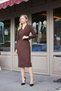 Women's Suede Textured Lightweight Stretchy Fabric V-Neck Long Sleeve Slit Below Knee Length Dress with Leather Belt-Brown - 2