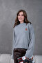 Women's Gray Mock Neck Oversized Embroidered Knitwear Sweater - 4