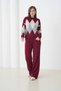 Women's Burgundy Crew Neck Diamond Pattern Sweater Pants Knitwear Top and Bottom Set - 3