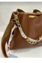 Women's Soft Leather 3-Compartment Handbag, Shoulder Bag with Scarf and Chain Accessories - 2