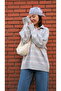 Una Fiaba-Gri Oversized Striped Buttoned Polo Neck Knitwear Sweater - 3