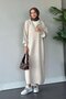 Women's Zippered Corded Fabric Collar Balloon Sleeve Midi Knitwear Dress