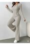 Women's Long Sleeve Hooded Front Zipper Ribbed Knit Blouse and Pants Double Suit