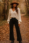 Women's Black Wide Leg Trendy Velvet Trousers
