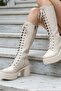Thick Sole Heeled Zippered Below-The-Knee Plain Lace-Up Women's Boots - 2