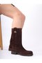 Women's Genuine Leather Brown Suede Flat Heel Boots with Gold Logo - 4