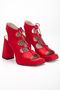 Women's Square Toe Platform Thick Heeled Red Satin Lace-Up Evening Dress Shoes - 5