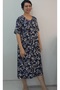 Navy Blue White Floral Print Short Sleeve Combed Viscose Dress