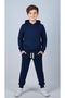 Unisex 100% Cotton Hooded Dark Blue Bottom Top Sports Double Tracksuit Set