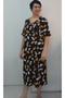 Black Mustard Leaf Print Short-Sleeved Combed Viscose Dress - 5