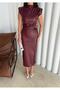 Women's Burgundy Belt Detail Midi Leather Dress - 2