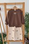 My Little Girl's Bow Detail Detailed Embroidery Girls' Loose Pants Set - Brown