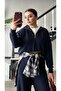 Navy Blue Modal Fabric Half Zipper Suit - 2