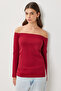 Open Shoulder Gathered Knitted Blouse Lub0272 Bordo