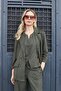 Women's Suede Textured Fabric Collar Capri Sleeve Pocket Flap Blazer Jacket-Khaki - 2