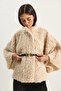 Women's Cream Belt Detailed Soft Textured Plush Poncho 2817 60281120 - 4
