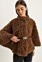 Women's Brown Belt Detailed Soft Textured Plush Poncho 2817 60281120 - 4