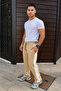 Men's Three Thread Winter Cotton Side Trim Thick Striped Pocket Sweatpants - Beige - 3