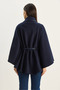 Women's Navy Blue Faux Leather Belted Cashmere Poncho with Pocket Detail 60282035 - 6