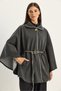 Women's Anthracite Faux Leather Belted Cashmere Poncho with Pocket Detail 60282035 - 2