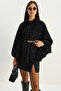Women's Black Single Button Belted Bearded Soft Poncho 60282034 - 3