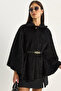 Women's Black Single Button Belted Bearded Soft Poncho 60282034