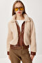 Contrast Color Belted Plush Jacket Lxa0003 Beige - 2