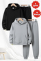 3 İplik Ş Fleece-Lined Plain Unprinted Kangaroo Pocket K Hooded 4 Piece Boys' Tracksuit Set