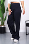 Navy Blue High Waist Corded Fabric Wide Leg Knitwear Trousers - 3