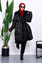 Black Collar Fur Belt Detailed Puffer Coat - 3