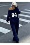 Women's Navy Blue Boat Neck Ribbed 84 Printed Sweatshirt-Navy Blue Loose Fit Comfortable Tracksuit Set