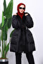 Black Collar Fur Belt Detailed Puffer Coat - 4