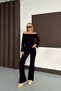 Women's Black Wide Corded Fabric Madonna Collar Blouse Wide Leg Pants Set - 5