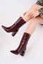 Women's Burgundy Snake Pattern Patent Leather Heeled Boots 8.5 cm Thick Heel Stylish and Modern Design - 3