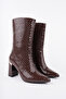 Women's Brown Snake Pattern Patent Leather Heeled Boots 8.5 cm Thick Heel Stylish and Modern Design